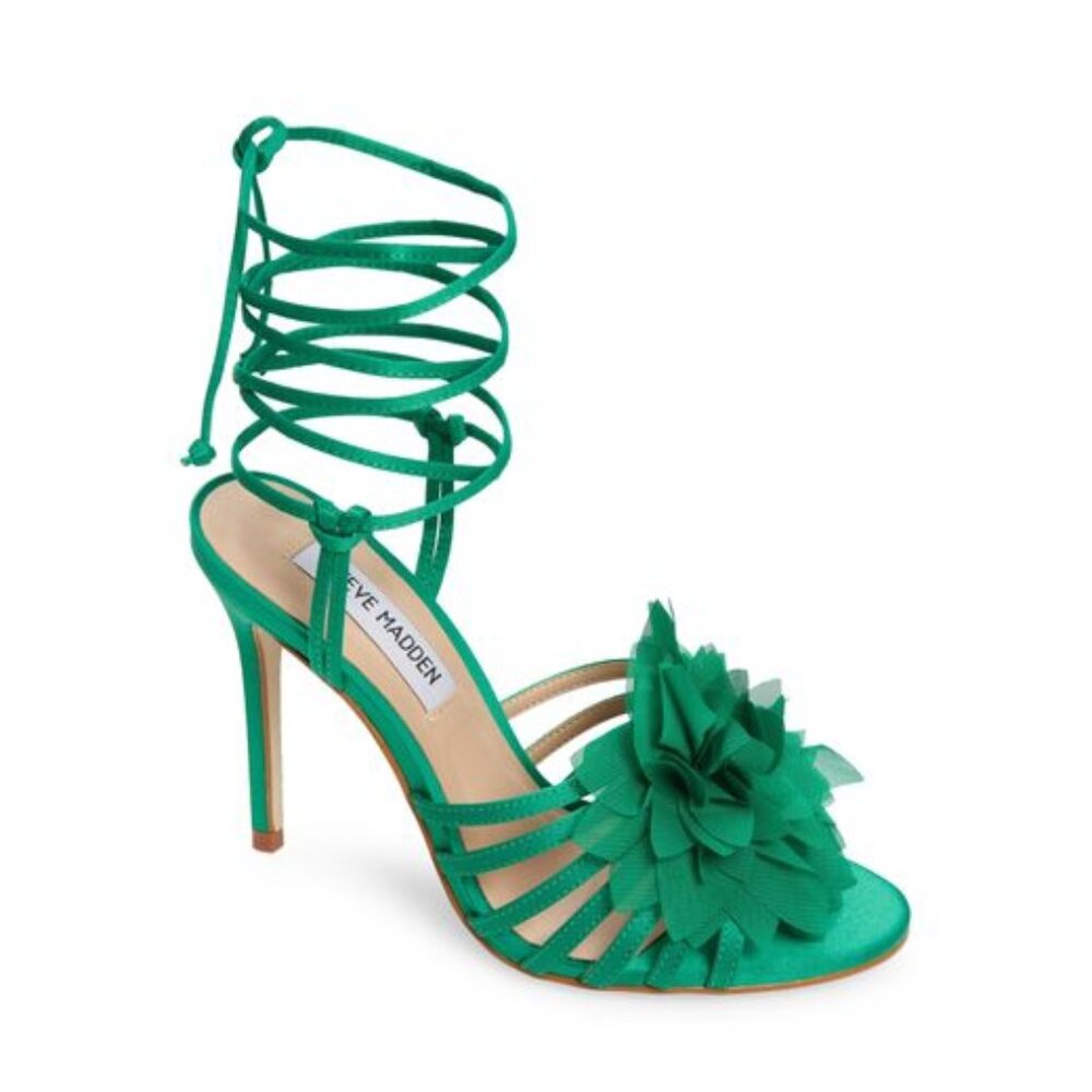 Steve Madden Jolisa Satin Flower Green Ankle Wrap Dress Sandals NEW Multi Sizes